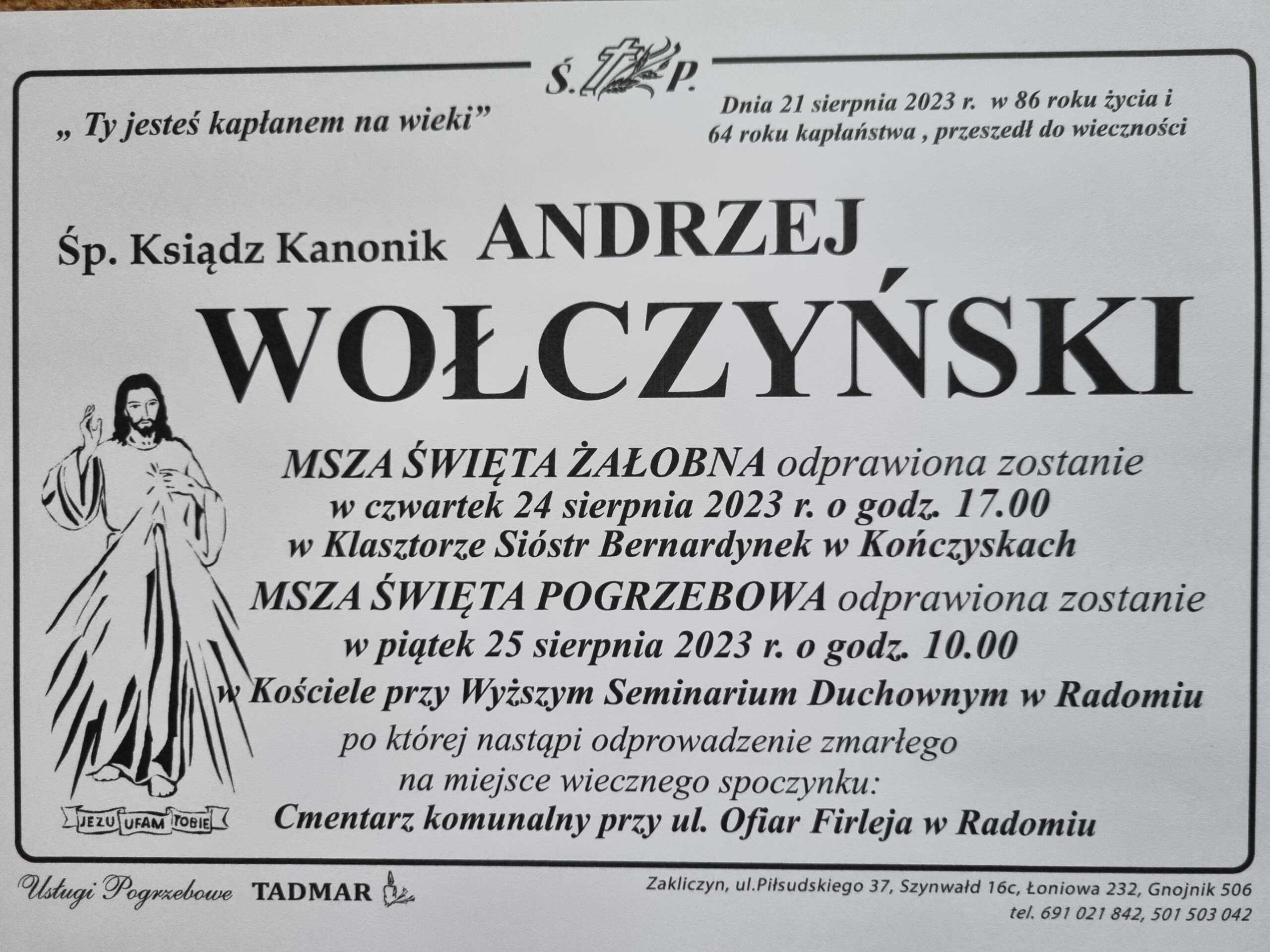 Zmarł Ksiądz kanonik dr Andrzej Wołczyński